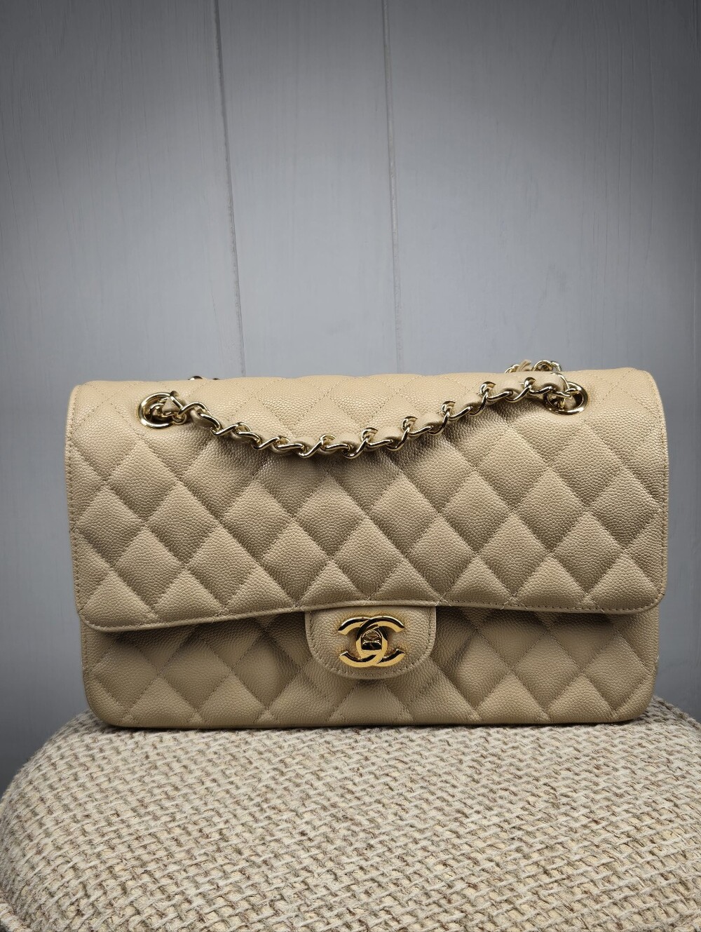 New Quilted Double Flap Shoulder Bag in Beige with Gold Hardware Unbranded